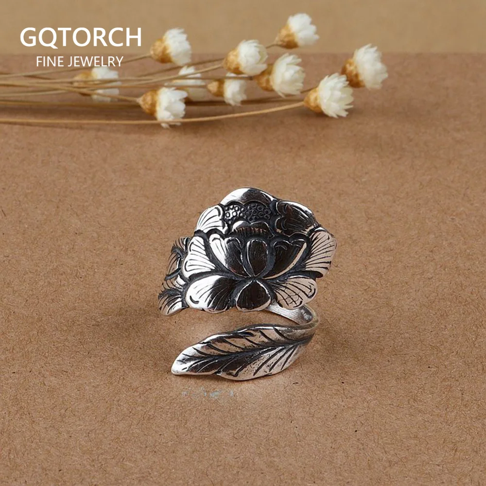 

925 пробы серебряные пионы кольца для женщин открытый тип винтажные Выгравированные цветы тайское серебрянное кольцо ювелирные изделия