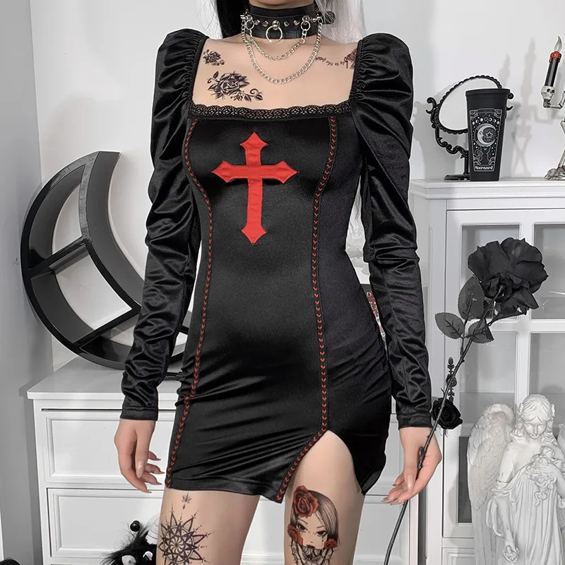 

Goth Cross Print Puff Long Sleeve Black Mini Dress Vintage Sexy Bandage Split Dresses Grunge Cut Out High Waist Party Club Dress