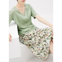 2022 new shuchan linen polyester women tops blusas femininas vintage v neck blouse women short sleeve