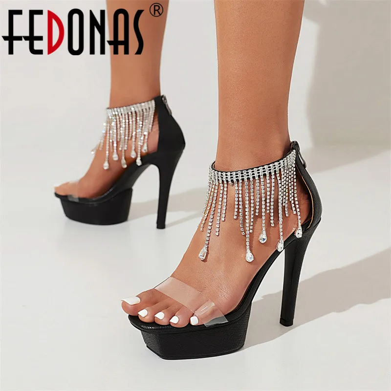 

Женские босоножки на высоких каблуках FEDONAS, черные туфли на молнии со стразами, обувь для вечеринки на лето 2019