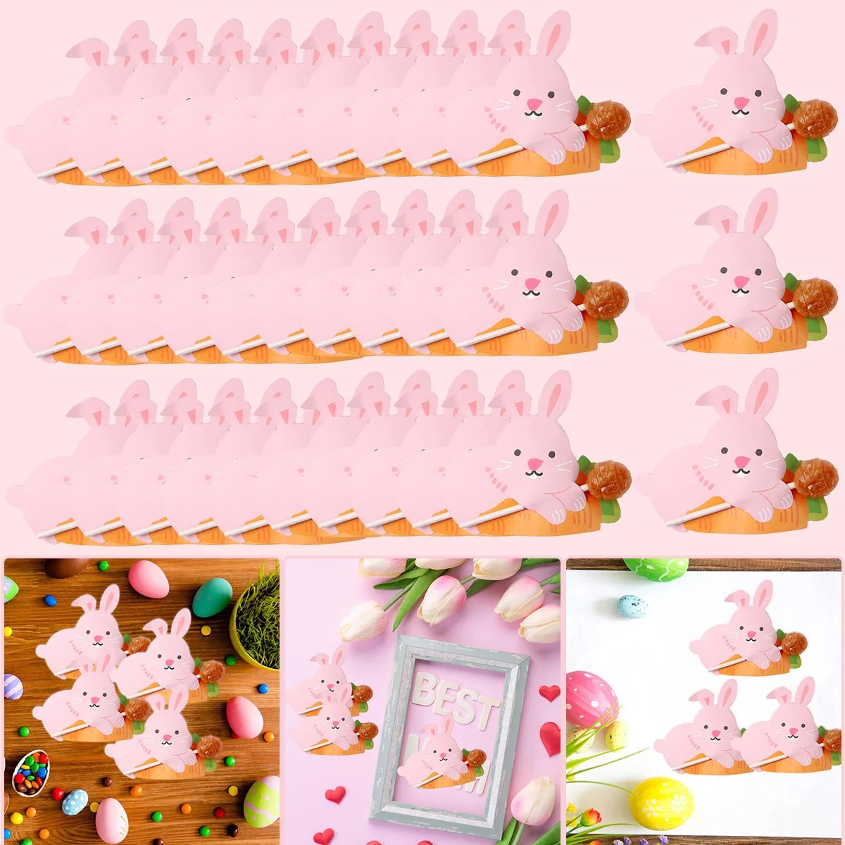 

50Pcs Lollipop Decorative Paper Cards Cartoon Pink Bunny Lollipop Decorated Card Children's Day Easter Party DIY Decor Kids Gift
