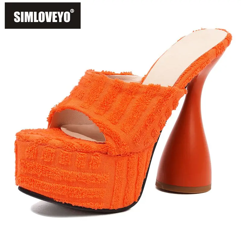 

SIMLOVEYO Ladies Sandals Open Toe Strange Heel Flock Slippers Platform Mules Shoes Big Size 34-43 Solid Green Orange Party S3858