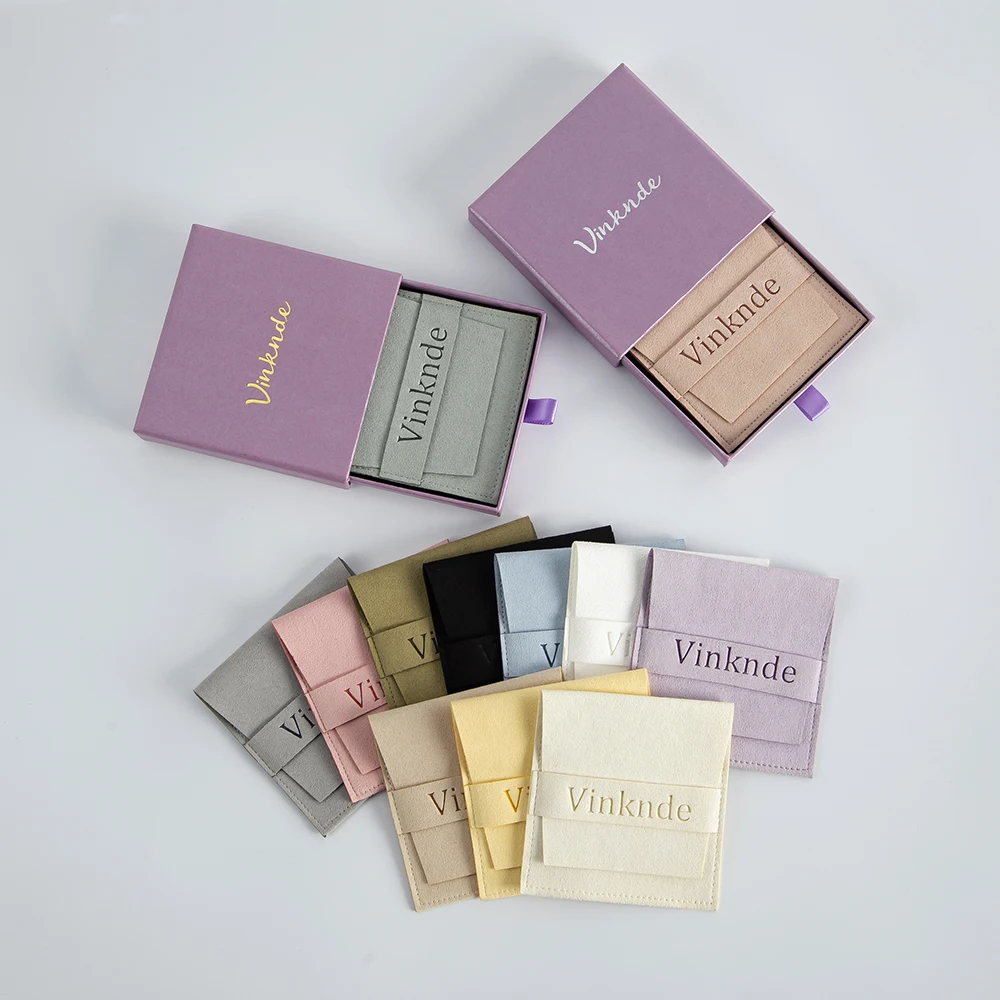 Custom Logo Jewelry Packaging Boxes Pouches Bags Drawer Gift Box Purple Luxury Pull Out Necklace Ring Storage Box Suede Gift Bag