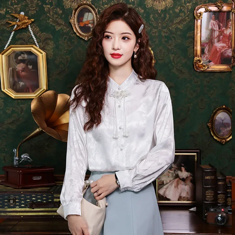 Винтажная белая рубашка с воротником-стойкой в китайском стиле весенний сезон