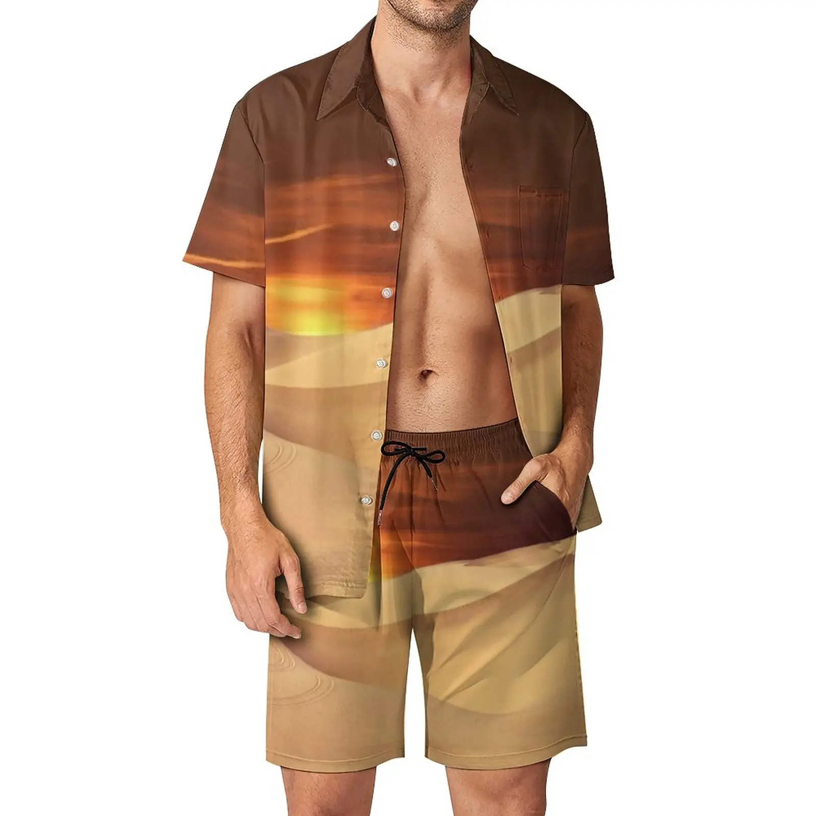 

Desert Sun Men Sets Landscape Sunset Dune Aesthetic Casual Shirt Set Short-Sleeved Custom Shorts Summer Vacation Suit Plus Size