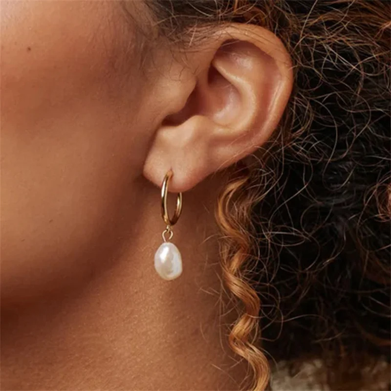 

Orazio Earrings For Women Fashion Natural Freshwater Pearl Pendant Stainless Steel Large Hoop Gold Color Earrings Gift Wholesale