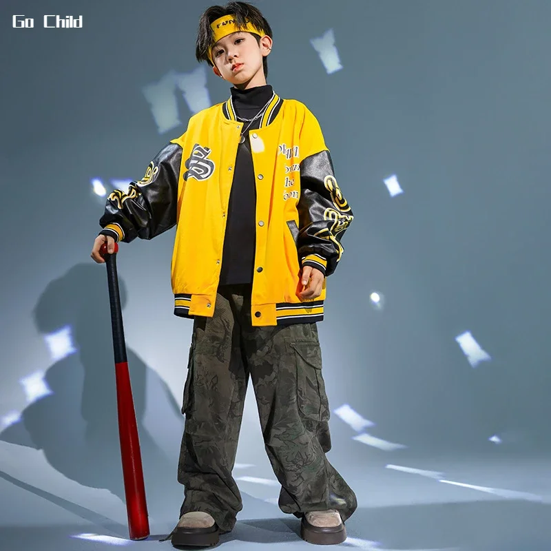 

Hip Hop Boys Patchwork Leather Baseball Jacket Camouflage Caro Pants Girls Streetwear Child Kids Street Dance Jazz Clothes Sets