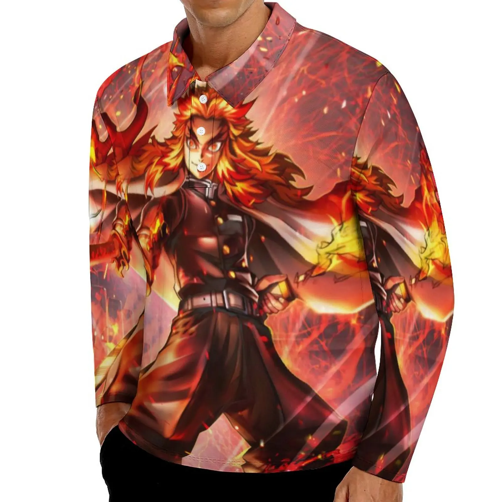 

Demon Slayer Casual T-Shirts Male Rengoku Kyojuro Anime Long Sleeve Polo Shirts Collar Trending Spring Design Shirt Plus Size