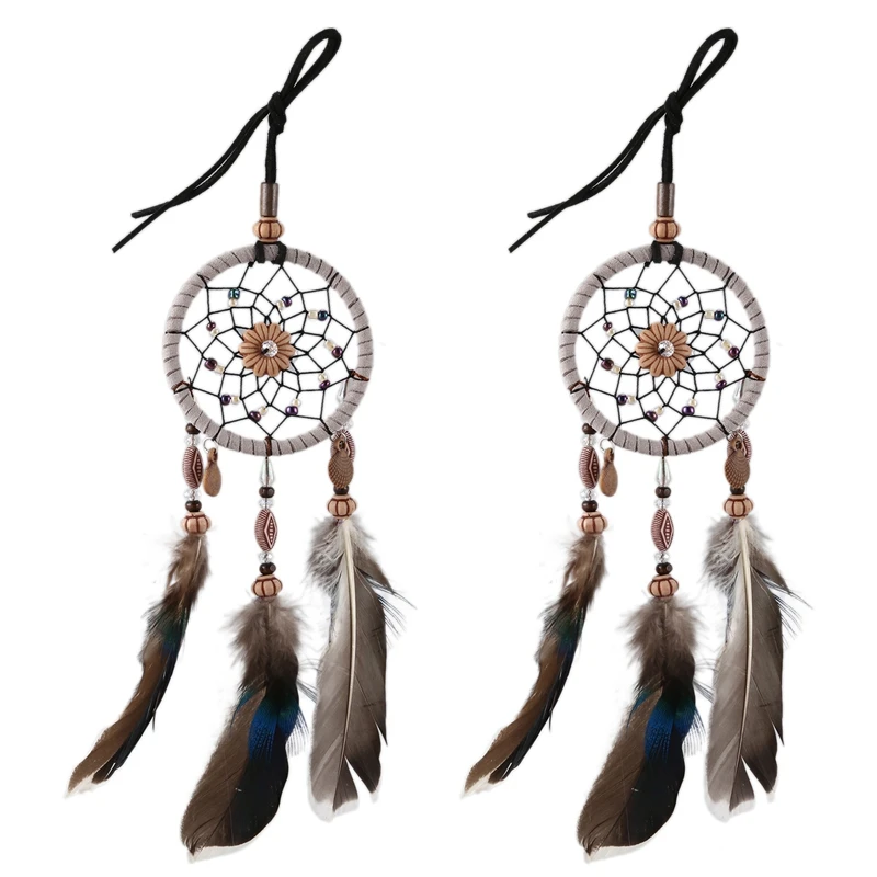 

2X мини Ловец снов для автомобиля, украшенные бисером натуральные перья и ручная работа