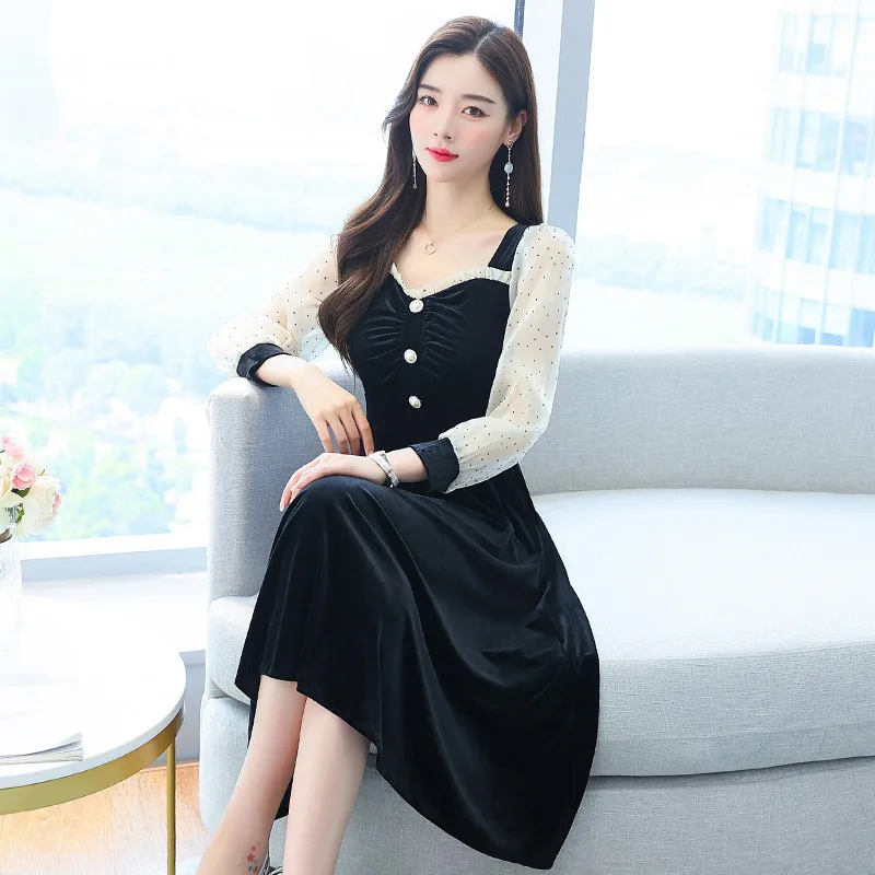 

Elegant V-neck Black Women Dress 2022 Spring Autumn Long Sleeve Female A-line soft dresses