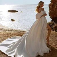 luxury wedding dress with matte satin slit a line strapless detachable half sleeve elegant bride beach gowns vestido de novia