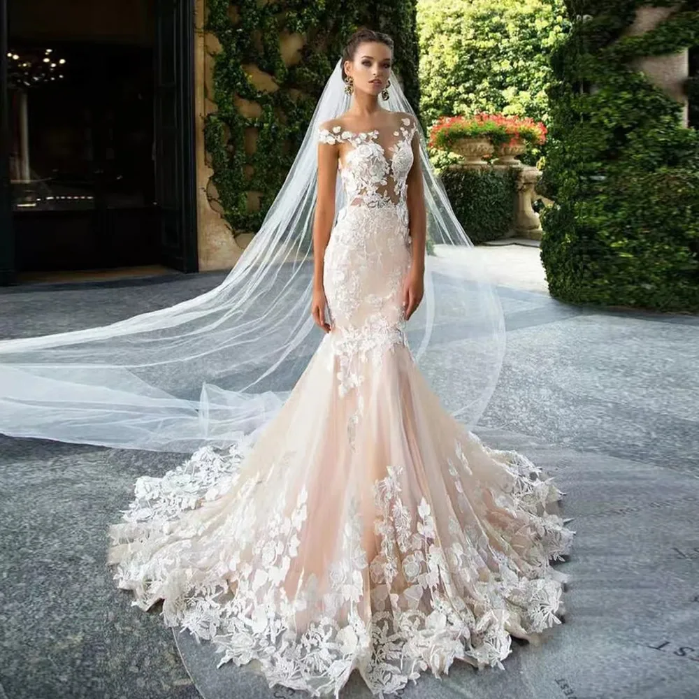 

Luxury Champagne Mermaid Wedding Dresses 2022 Open Back Short Sleeves Wedding Gowns Lace Appliques Robe De Mariage Bride Gowns