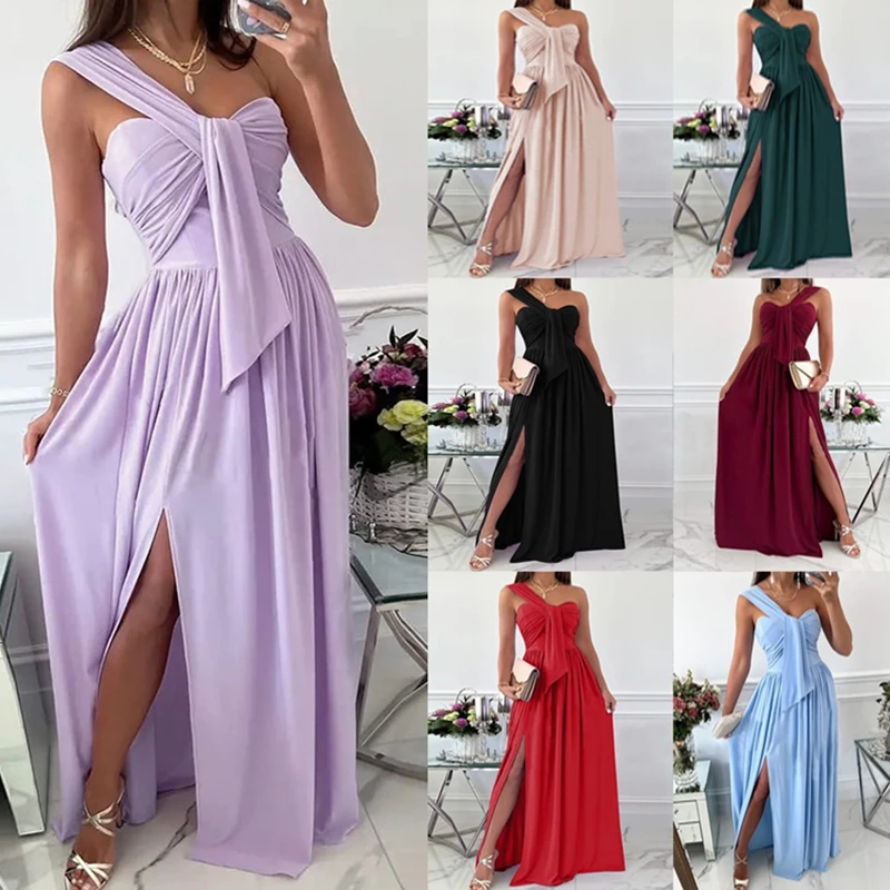 

Summer High Slit Cutout Maxi Party Dress Elegant One Shoulder Solid Color Dress Asymmetric Women Long Wedding Evening Sexy Robes