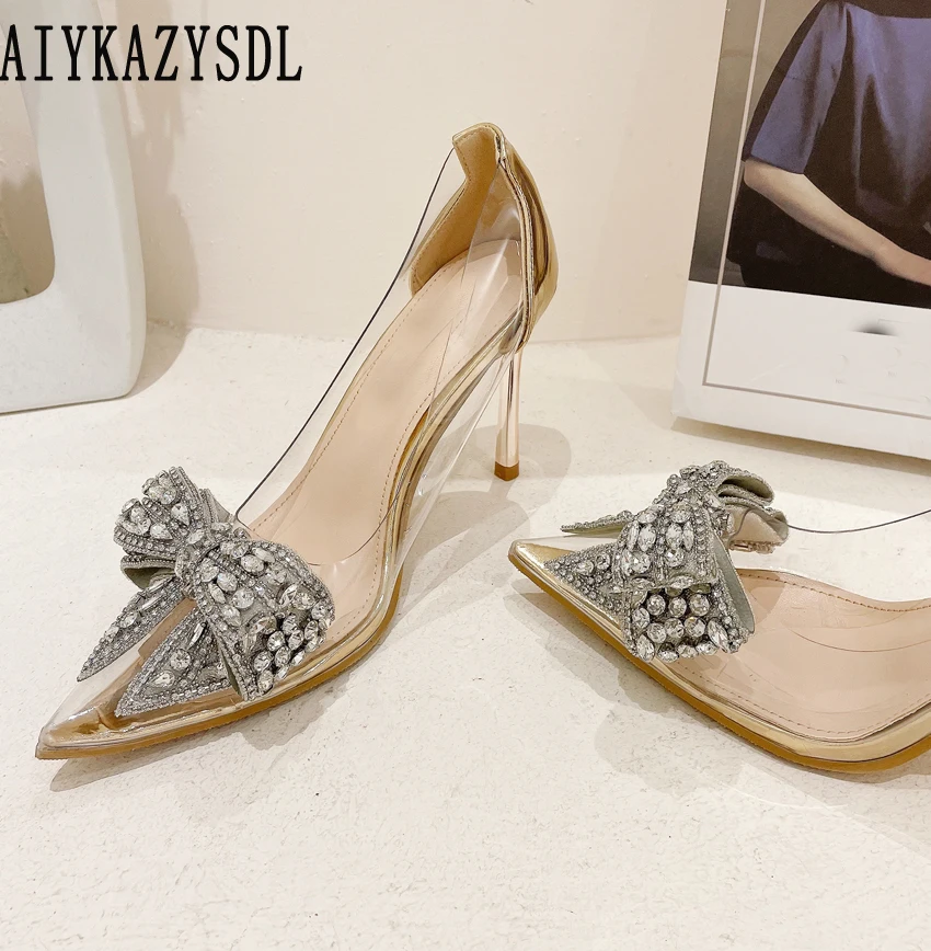 

AIYKAZYSDL Flower Floral Crystal Rhinestone Sandals Woman Clear Transparent High Heeled Shoes Pumps Slides Mule Slides 6cm heel