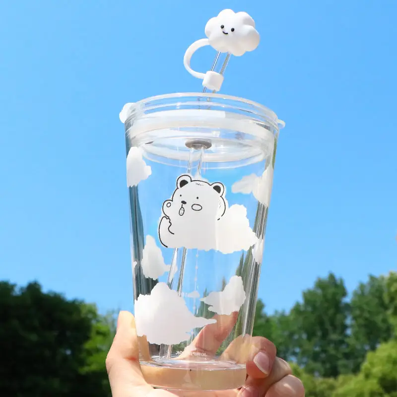 

480ml Glass Water Bottle with Straw Cartoon Clouds Straw Cup Leakproof Portable Drinking Bottle with a Sealing Cap Lid