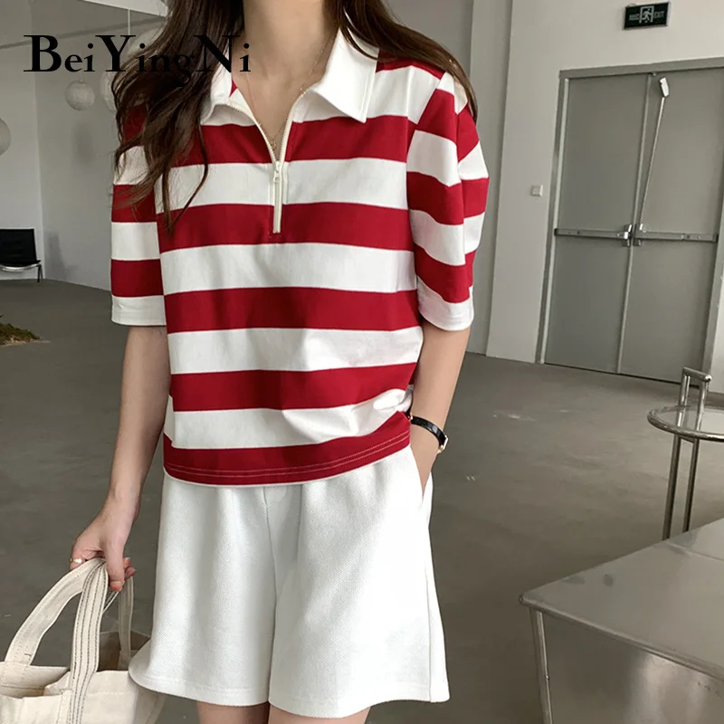 

Beiyingni Turndown Collar Striped Women's T-shirt Cotton Zipper Short Sleeve Spell Color Summer Loose Casual Korean Female Tops