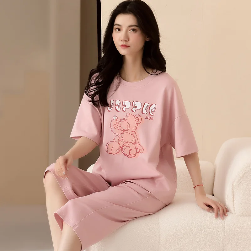 

Newest Pajamas Ladies Summer Short Sleeve Cropped Pants Korean Style Loose Cute Girls Sleep Wear Home Clothing Set