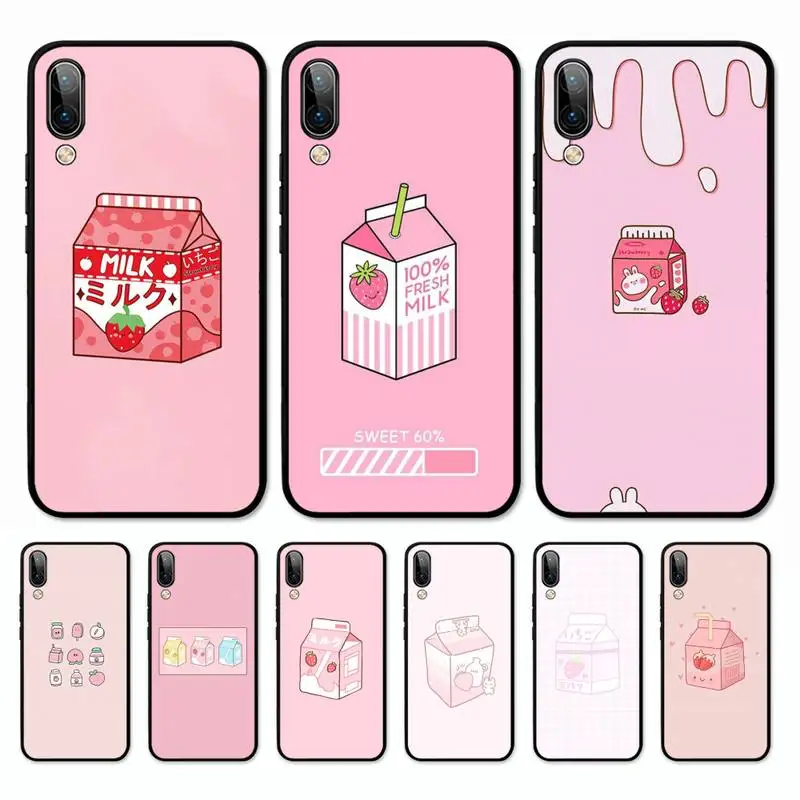 

Kawaii Strawberry Milk Box Phone Case for Vivo Y91C Y11 17 19 17 67 81 Oppo A9 2020 Realme c3