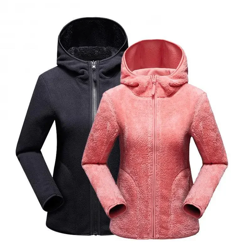 

Women Reversible Hoodies Female Zipper Sweatshirts Winter Warm Polar/Coral Fleece Hooded Jacket Ladies Flannel Coat Hoody