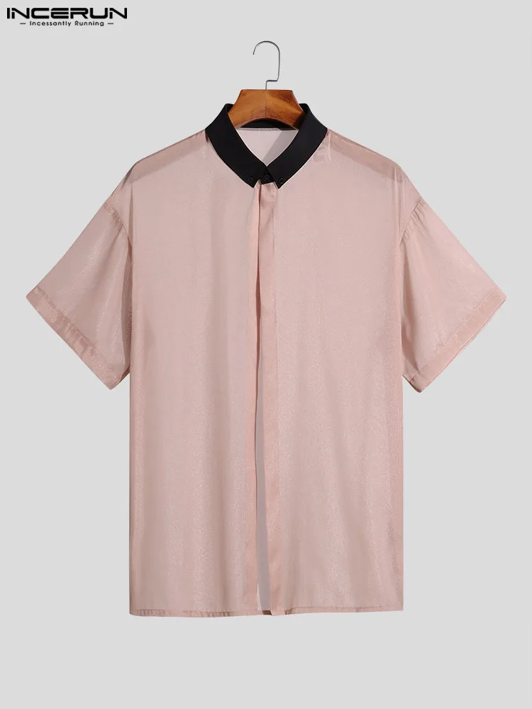 INCERUN Tops 2023 American Style New Men's Transparent Mesh Stitching Blouse Casual Sexy See-through Short-sleeved Shirts S-5XL
