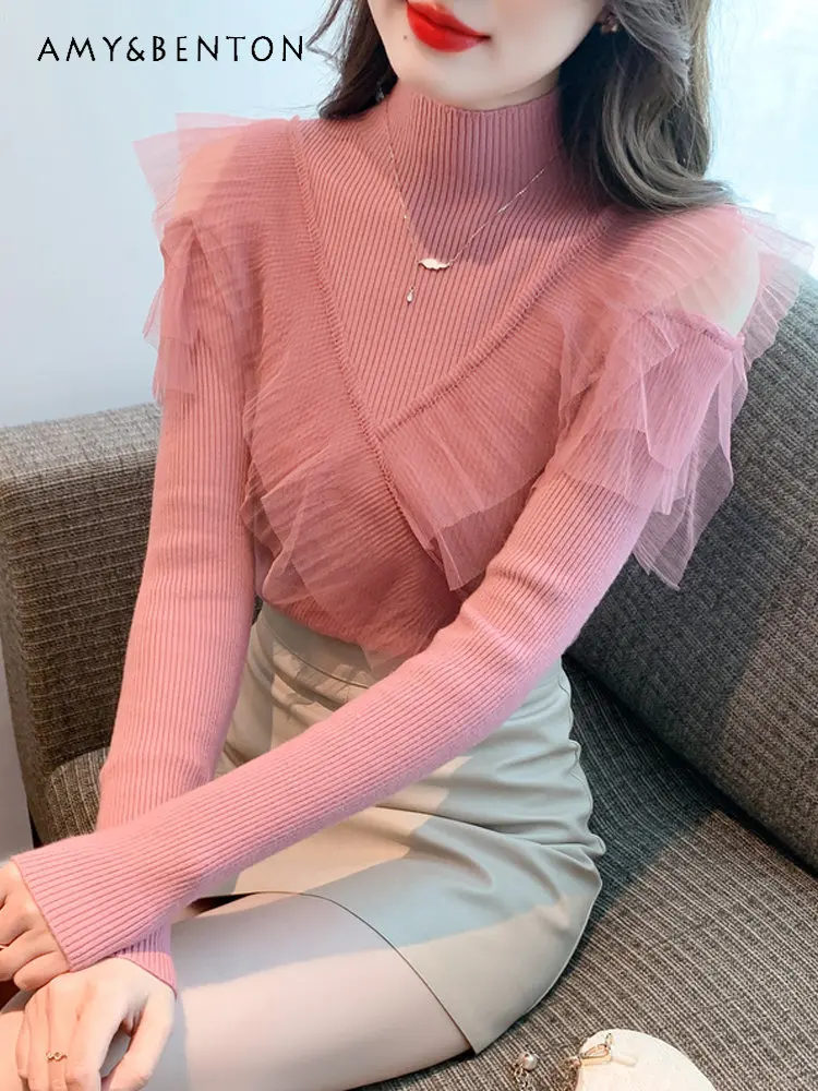 

Design Ruffled Mesh Stitching Strapless Top Women's Autumn and Winter New Long Sleeve Half Turtleneck Knitted Sweater for Ladies