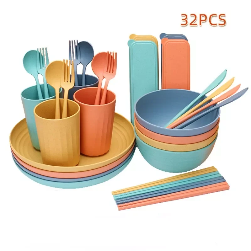 

32PCS Cutlery Tableware Sets Cups Plates Cutlery Kitchen Bowls Cups Plates Cutlery Fork Spoon Chopsticks EcoFriendly Dinnerware