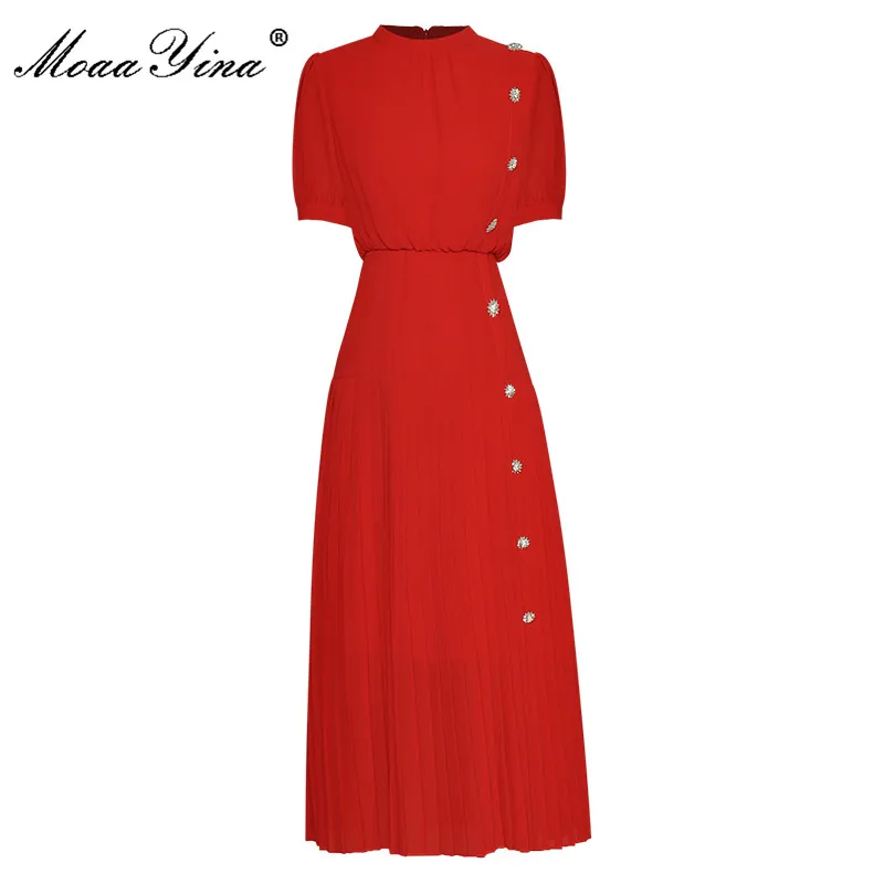 

MoaaYina Fashion Runway dress Summer Women's Dress O-neck Puff sleeve Diamonds Buttons Slim Elegant Red Party Pleated Dresses