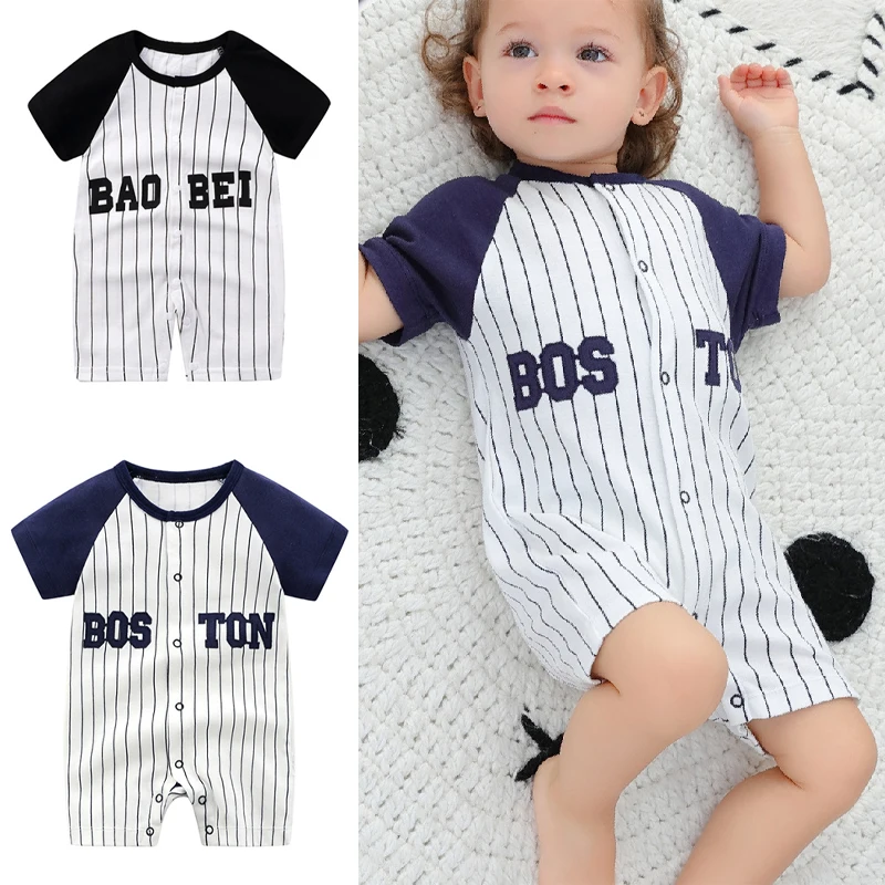

Детский Модный Полосатый комбинезон, мягкая хлопковая Футболка с буквенным принтом для младенцев, комбинезон с коротким рукавом, боди для малышей, Одежда для новорожденных мальчиков и девочек, 유복