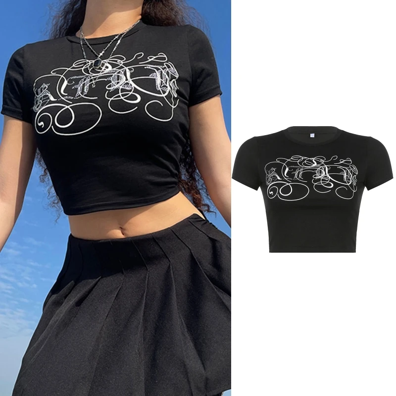 

Женский Готический укороченный топ с коротким рукавом и круглым вырезом, футболка с абстрактным принтом и надписью стразы, Повседневная об...