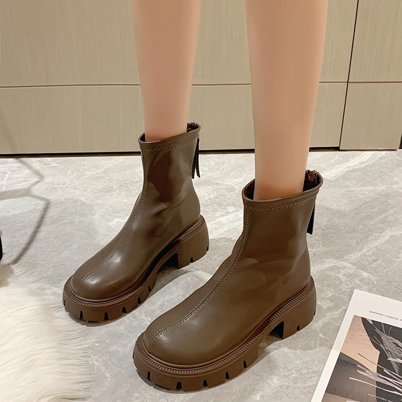

Boots Women New 2022 Female Shoes Zipper Round Toe Winter Footwear Chelsea Ladies Rubber Rock Lolita Ankle Autumn Med Hoof Heels