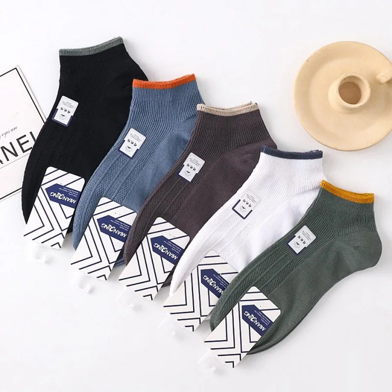 5 Pairs Men Casual Ankle Socks Breathable Absorb Sweat Patchwork Striped Short Socks Male Fashion Street Style Invisible Socks