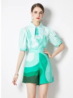 runway summer 2 pieces set female turn down neck short sleeve green tops and high waist shorts set women outfits 2022 s5029