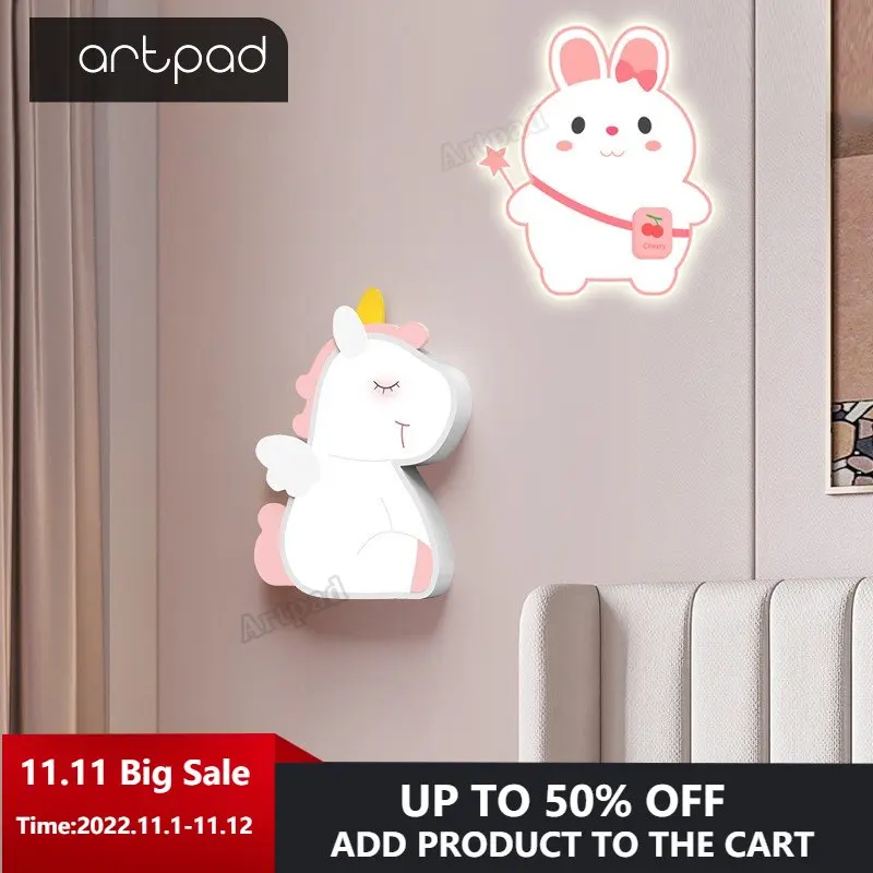 

Modern Led Wall Lamp Cartoon Kid Room Decor Bedroom Bedside Lights Indoor Children's Room Pink Unicorn Rabbit Wall Mount Light