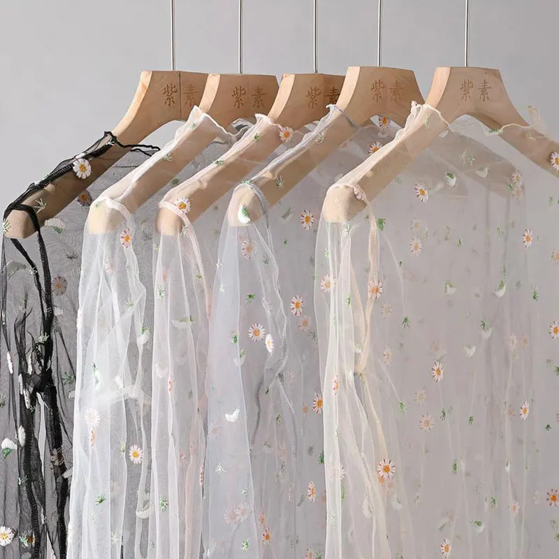 

Female Lace Sexy Daisy T-shirts Transparent Mesh Tops Tees Sheer Slim Ladies Turtleneck Floral Long Sleeve See Through Tee