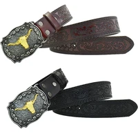 fashion jeans causal pant retro men leather belt smooth eagle cow head buckle emboss flower pattern strap decorate