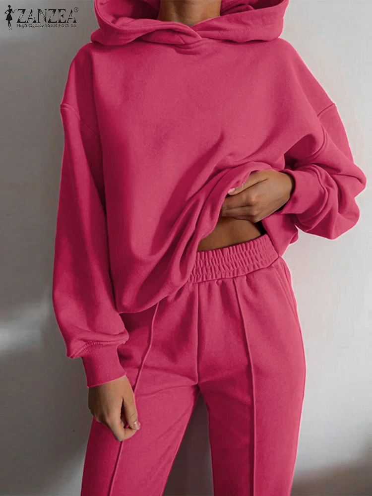 

Solid Hoodie Sweatshirt 2PCS Sets ZANZEA Women Winter Spring Suit Matching Sets Elastic Waist Long Pants Urban Tracksuits