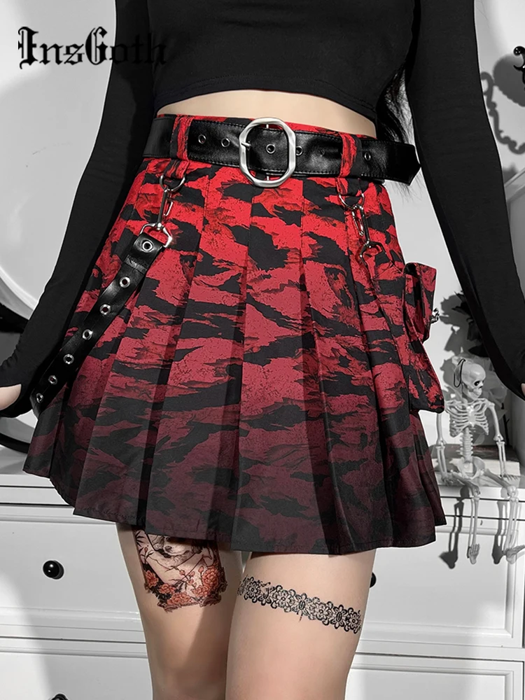 

InsGoth Y2K Punk Red Pleated With Belt Skirt Goth Harajuku Print Sexy High Waist With Pocket Mini Skirt Grunge E Girl Skirts