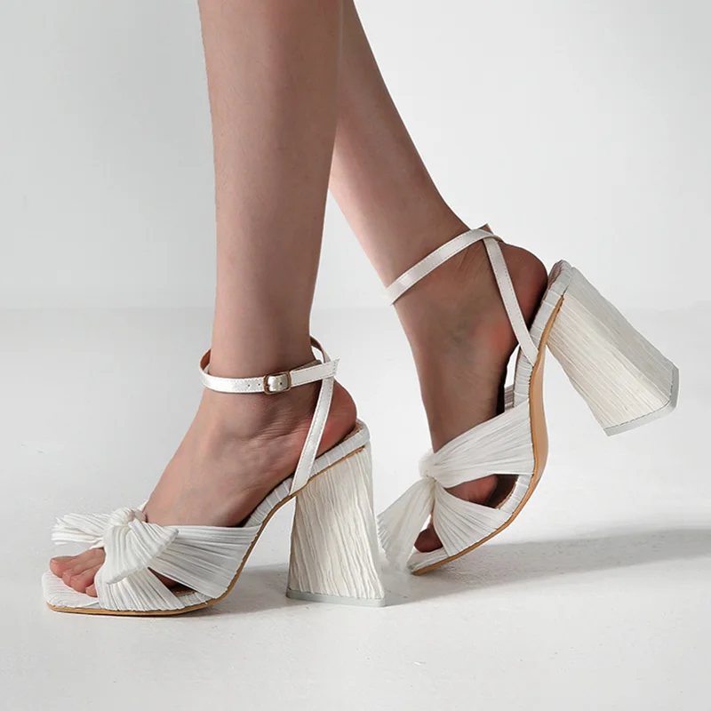 

Fashion Summer Solid Color Sandals High Chunky High Heels 2023 New Open Toe Big Bow Elegant Weeding Party Womens Shoes Plus Size