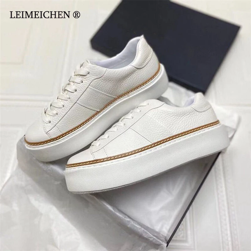 

Кроссовки LEIMEICHEN женские на платформе, повседневная обувь, на шнуровке, круглый носок, плоская подошва, кожаные, белые