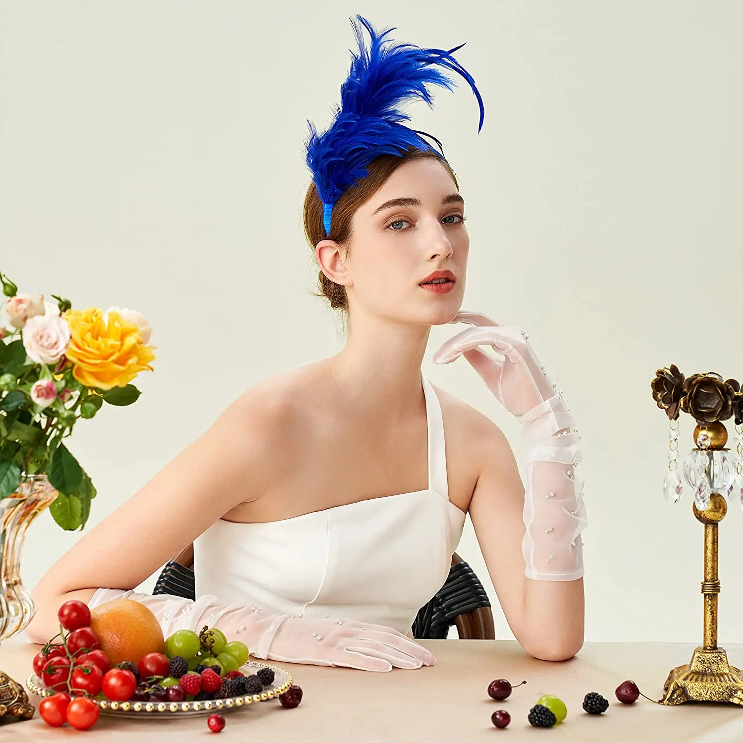 

1920s Fascinator Feather Tiara Headband Satin Bandana Elastic Headband for Cocktail Wedding Tea Party