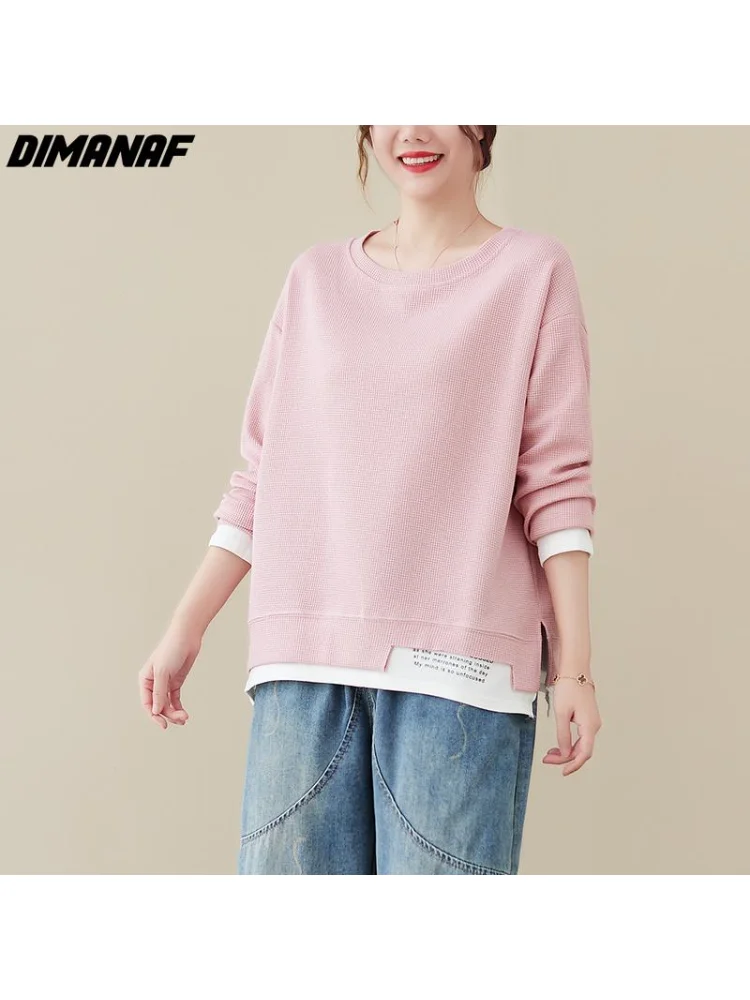 

DIMANAF 2022 New Plus Size Women Hoodies Sweatshirts Autumn Female Patchwork O-Neck Pullovers Cotton Loose Korea Tops