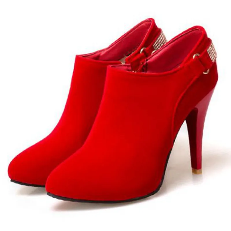 

Женские ботильоны AnmaiRon с острым носком, на тонком каблуке, из флока и замши, на молнии, большой размер 31-50, свадебные, синие, черные, красные