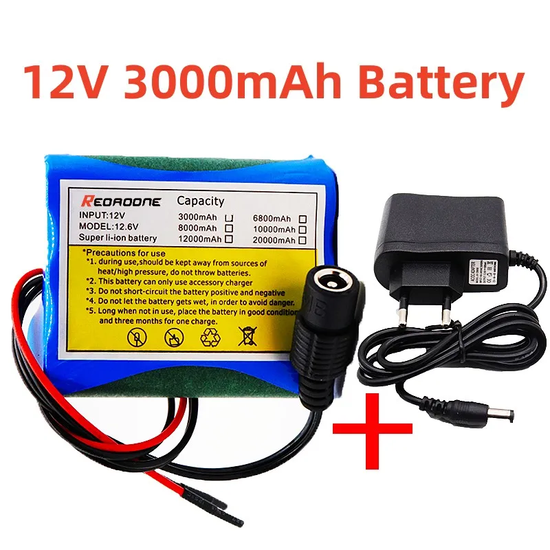 

Reoaoone 12V 3000mAh 18650 Lithium ion Rechargeable Battery Pack DC, Suitable for CCTV Camera Cam Monitor 3A Battery + 12.6V