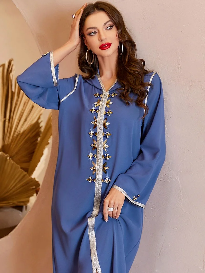Rhinestones Moroccan Embroidered Kaftan Arabic Long Hooded Dress Party Djellaba for Women Muslim Dubai Saudi Ramadan Eid Abaya