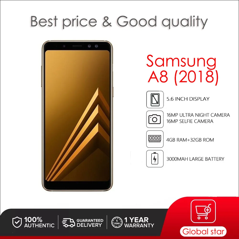 

Original Unlocked Samsung Galaxy A8 (2018) A530F Unlocked LTE Cell phones 5.6" Octa-core 16MP 32GB 4GB RAM