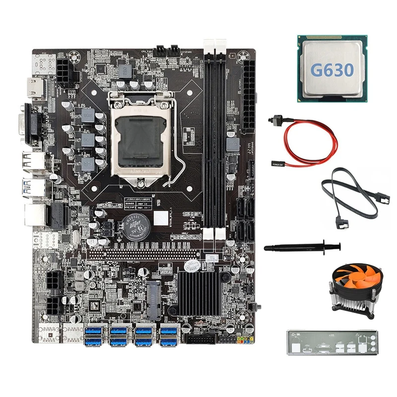 AU42 -B75 8USB ETH Mining Motherboard+G630 CPU+Fan+Switch Cable+SATA Cable+Baffle+Thermal Grease B75 BTC Miner Motherboard