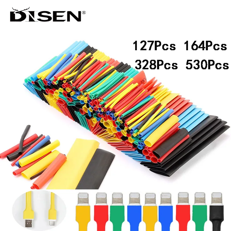 

127/135/164/328/530 PCS/Set Heat Shrink Tubing Insulation Shrinkable Tube 2:1 Wire Cable Insulation Sleeving Kit