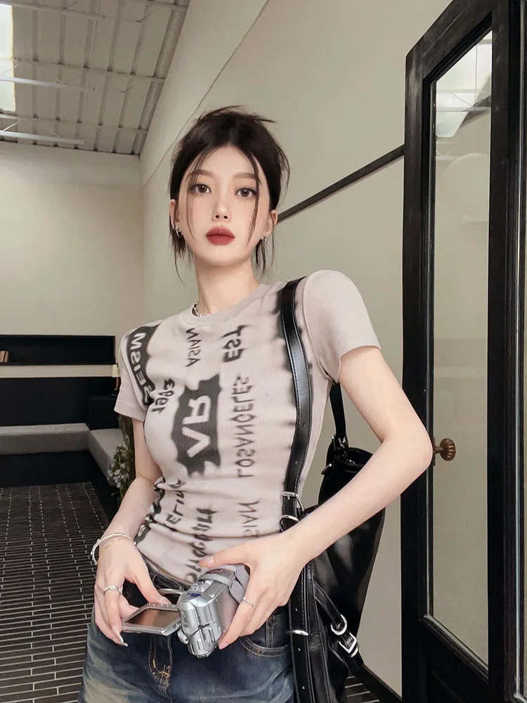 

Женская Винтажная футболка с коротким рукавом, трикотажный кроп-топ в японском стиле 1920-х годов, Y2k