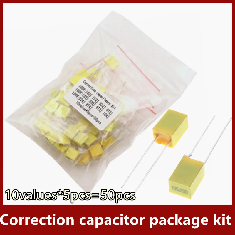 

10values*5pcs=50pcs Correction capacitor package kit Polypropylene Safety Plastic Film Capacitor Kit 1nF-0.47uF Set