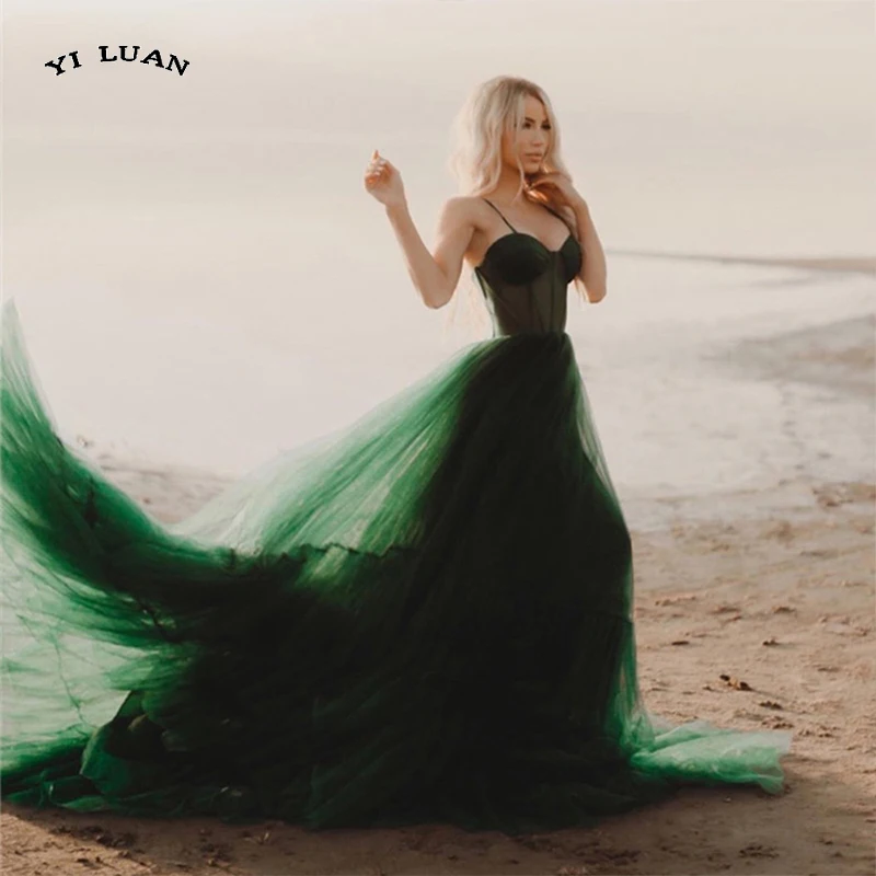 

Dark Green Sweetheart Spaghetti Straps Tulle Prom Dress Backless A Line Formal Evening Gown robes de soirée فساتين السهرة